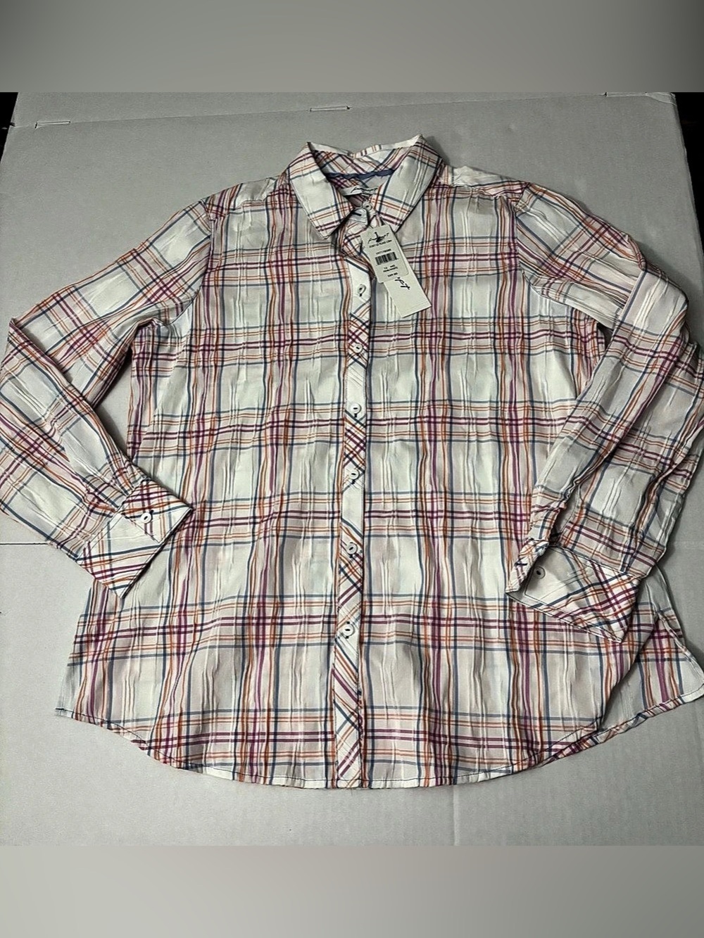 Foxcroft Women's Zoey Long Sleeve Plaid Crinkle Blouse Size 12